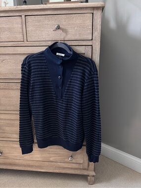 Women’s Navy Striped Button-Neck Sweater